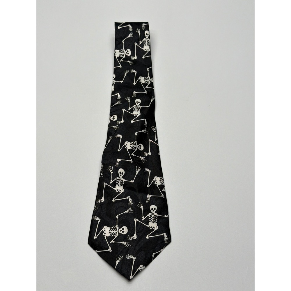 Dimoda Mens‎ Dancing Skeleton Halloween Tie Black White Novelty Gothic Handmade
